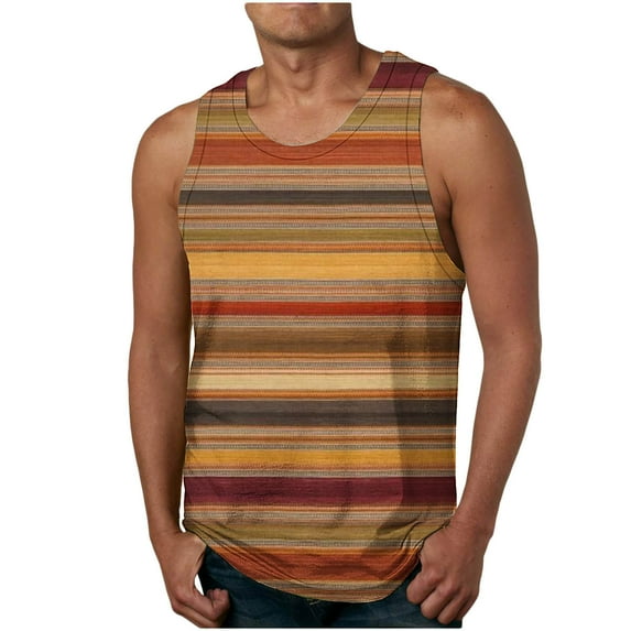 Lovskoo 2024 Men's Workout Tank Tops Summer Casual Trendy Striped Pullover Round Neck Tanks Workout Sports Sleeveless Tops Brown 3XL