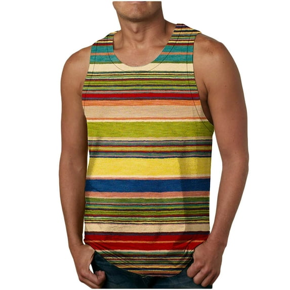 Lovskoo 2024 Men's Workout Tank Tops Summer Casual Trendy Striped Pullover Round Neck Tanks Workout Sports Sleeveless Tops Yellow M