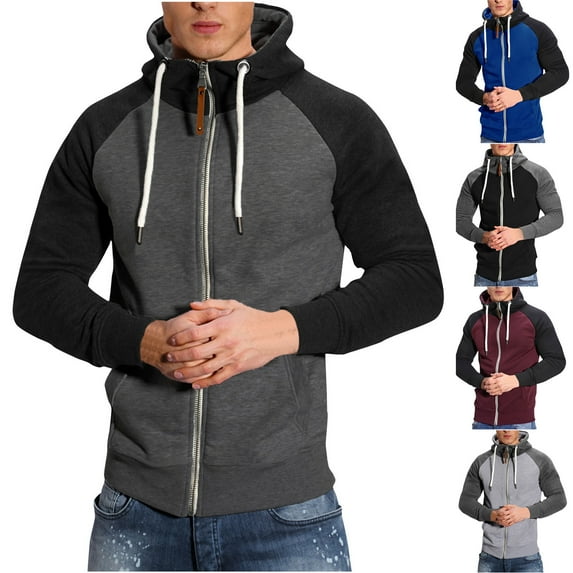Lovskoo 2024 Men's Zip-Up Hoodie Sweatshirts Casual Patchwork Long Sleeve with Pocket Jacket Black