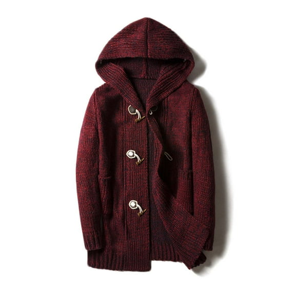 Lovskoo 2024 Mens Cardigan Sweater Winter Long Sleeve Hooded Pockets Open Front Knit Tops Coat Claret
