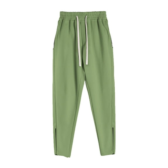 Lovskoo 2024 Mens Casual Sweat Pants Closed Bottom Solid Color Casual Trendy Lace Up Elastic Waist Pants Zipper Sports Pants Green M
