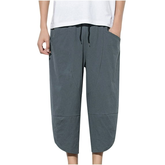 Lovskoo 2024 Mens Cotton Linen Capris Pants Solid Color Casual Trendy Loose Cropped Pants Gray 5XL