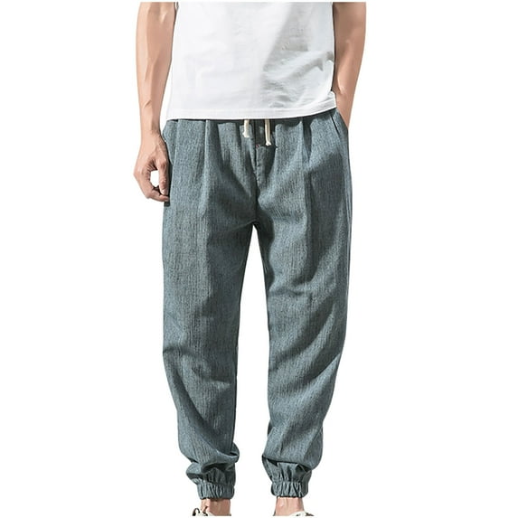 Lovskoo 2024 Mens Cotton Linen Pants Solid Color Trendy Drawstring Elastic Waist Closed Bottom Loose Harem Pants Blue 5XL