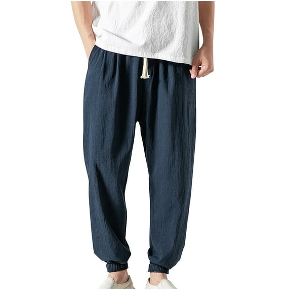 Lovskoo 2024 Mens Cotton Linen Pants Solid Color Trendy Drawstring Elastic Waist Closed Bottom Loose Harem Pants Navy 5XL