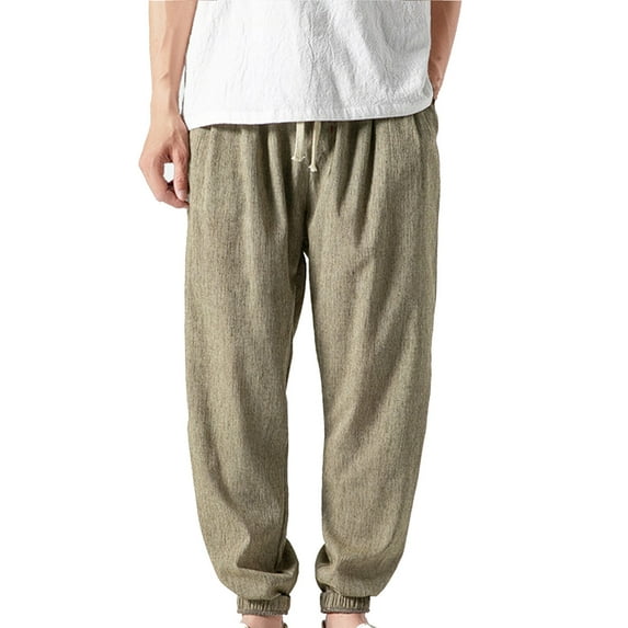 Lovskoo 2024 Mens Cotton Linen Pants Solid Color Trendy Drawstring Elastic Waist Closed Bottom Loose Harem Pants Yellow 2XL