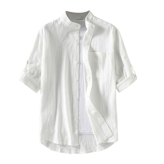 Lovskoo 2024 Mens Dress Shirts Short Sleeve Collared Button Dowm Shirts for Men Trendy Casual Turndown Collar Solid Color Button Shirt Tops White 4XL