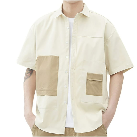 Lovskoo 2024 Mens Dress Shirts Short Sleeve Lapel Collared Button Dowm Shirts for Men Color Block Casual Loose Shirt Jacket T-Shirt Beige XL
