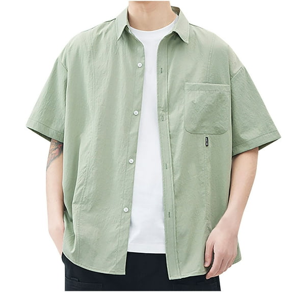 Lovskoo 2024 Mens Dress Shirts Short Sleeve Lapel Collared Button Dowm Shirts for Men Solid Color Casual Loose Shirt Jacket T-Shirt Green L