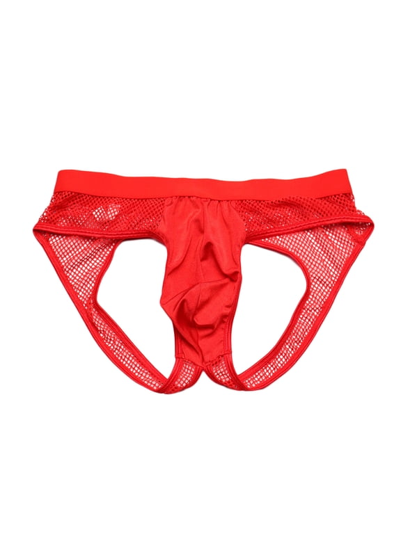 Mens G String Thong Underwear Ice Silk Low Waist Briefs with Fly Pouch Seamless T-Shaped Underwear Red Free Size