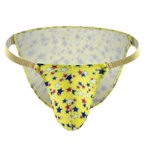Lovskoo 2024 Mens G String Thong Underwear Star Print Low Waist Briefs with Fly Pouch Pants Underwear Yellow L