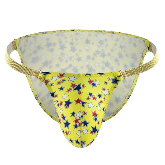 Lovskoo 2024 Mens G String Thong Underwear Star Print Low Waist Briefs with Fly Pouch Pants Underwear Yellow S