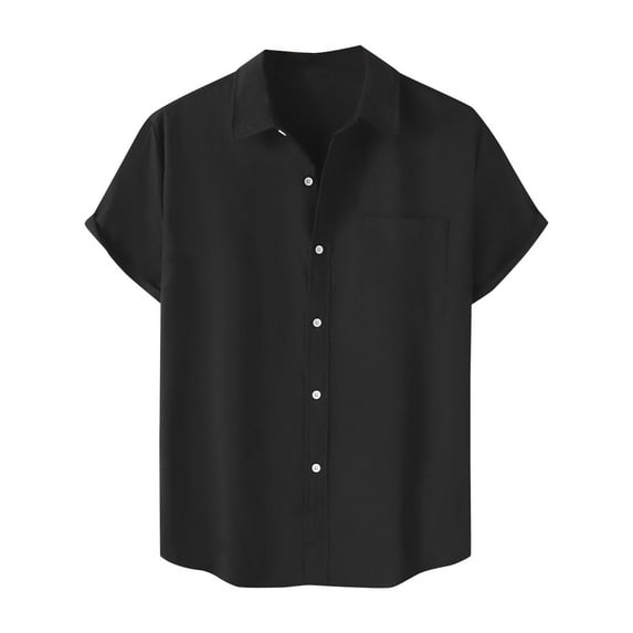 Lovskoo 2024 Mens Hawaiian Shirts Button Up Casual Solid Color Tropical Shirt Summer Beach Shirt Cool Short Sleeve Blouse Tops Black M