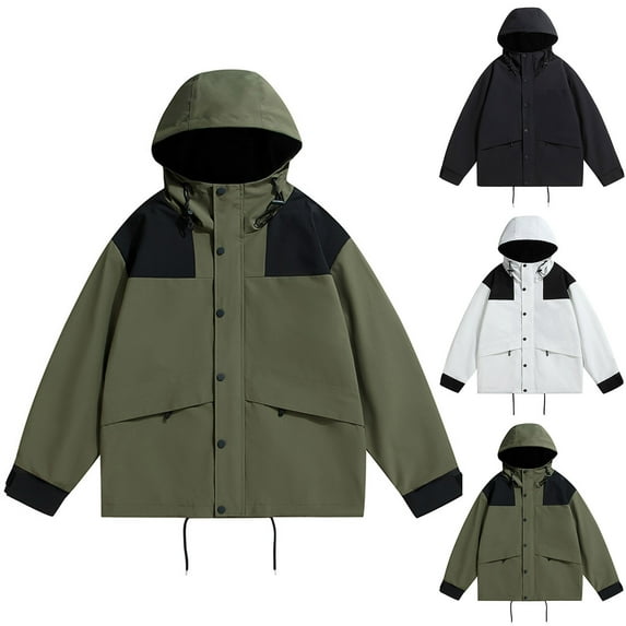 Lovskoo 2024 Mens Rain Jacket Waterproof with Hooded Hiking Zipper Coat Lightweight Windbreaker Black