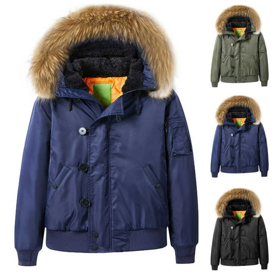 Lovskoo 2024 Mens Winter Coats Bomber Quilted Jacket Long Sleeve Cotton Thickened Fleece Lined Detachable Hood Short Padded Baseball Jacket Blue