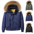 thumbnail image 1 of Lovskoo 2024 Mens Winter Coats Bomber Quilted Jacket Long Sleeve Cotton Thickened Fleece Lined Detachable Hood Short Padded Baseball Jacket Olive Green, 1 of 8