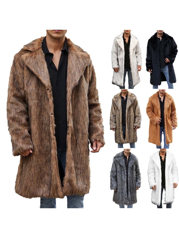 Mens Winter Coats Faux Fur Jacket Thick Warm Long Sleeve Open Front Cardigan Faux Furry Long Coat Jacket Solid V-Neck Outerwear Black