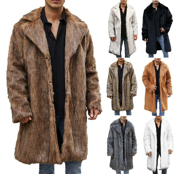 Lovskoo 2024 Mens Winter Coats Faux Fur Jacket Thick Warm Long Sleeve Open Front Cardigan Faux Furry Long Coat Jacket Solid V-Neck Outerwear Dark Gray