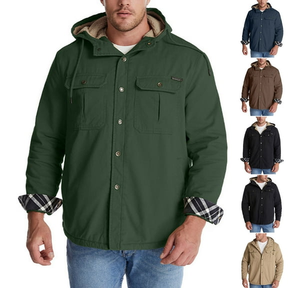 Lovskoo 2024 Mens Winter Coats Fuzzy Fleece Lined Quilted Jacket Hooded Extra Thick Long Sleeve Drawstring Pocket Button Open Coat Casual Outwear & Jackets Gray