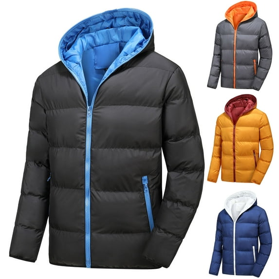 Lovskoo 2024 Mens Winter Coats Quilted Jacket Long Sleeve Casual Patchwork Hooded Cardigan Pockets Warm Cotton Padded Jacket Blue