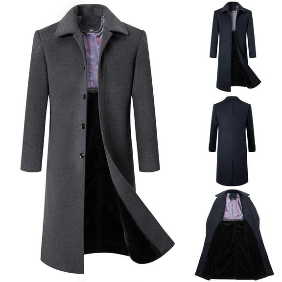 Lovskoo 2024 Mens Winter Coats Single Breasted Pea Coat Business Woolen Coat Turn-Down Collar Button Medium Style Overcoat Trench Coat Navy