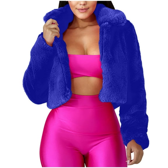 Lovskoo Womens Cropped Faux Fur Coat Winter Warm Fluffy Casual Lapel Jackets Warm Fuzzy Solid Color Outerwear Dark Blue