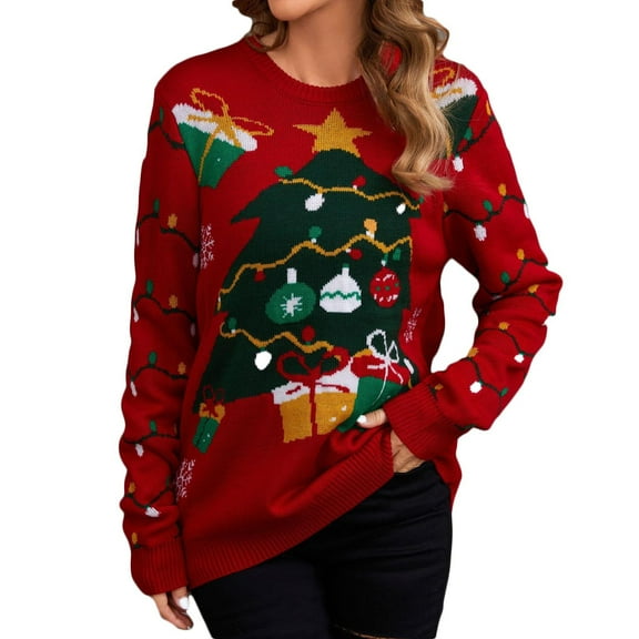 Lovskoo 2024 Merry Christmas Sweaters for Women 2023 Knitted Round Neck Knit Long Sleeve Casual Pullover Sweater Top Red