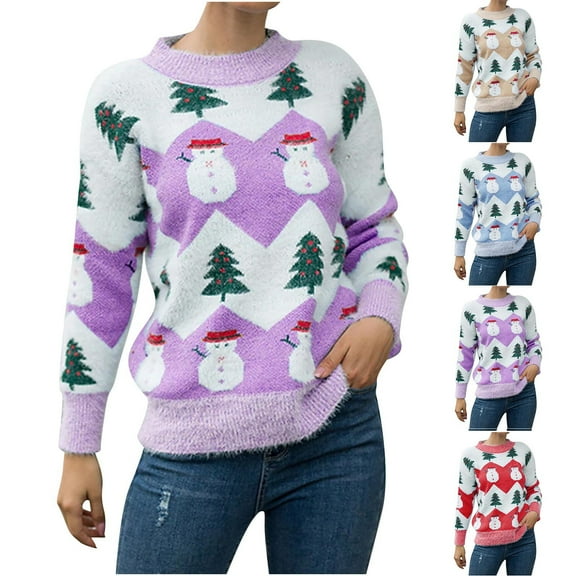 Lovskoo 2024 Merry Christmas Sweaters for Women 2023 Long Sleeve Casual Printed Round Neck Sweater Top Blue