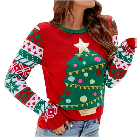 Lovskoo 2024 Merry Christmas Sweaters for Women 2023 Long Sleeve Trendy Print Knit Sweater Top Blouse Red