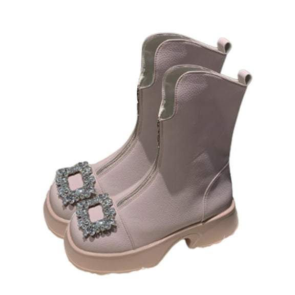 Lovskoo 2024 Mid Calf Boots for Women Round Toe Flat Bottom Fall Single Thick Sole Platform High Heel Front Zipper White Short Rhinestone Slim Boots Pink