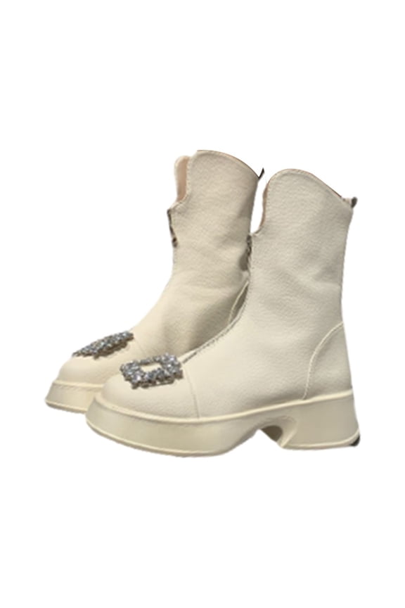 Mid Calf Boots for Women Round Toe Flat Bottom Fall Single Thick Sole Platform High Heel Front Zipper White Short Rhinestone Slim Boots White