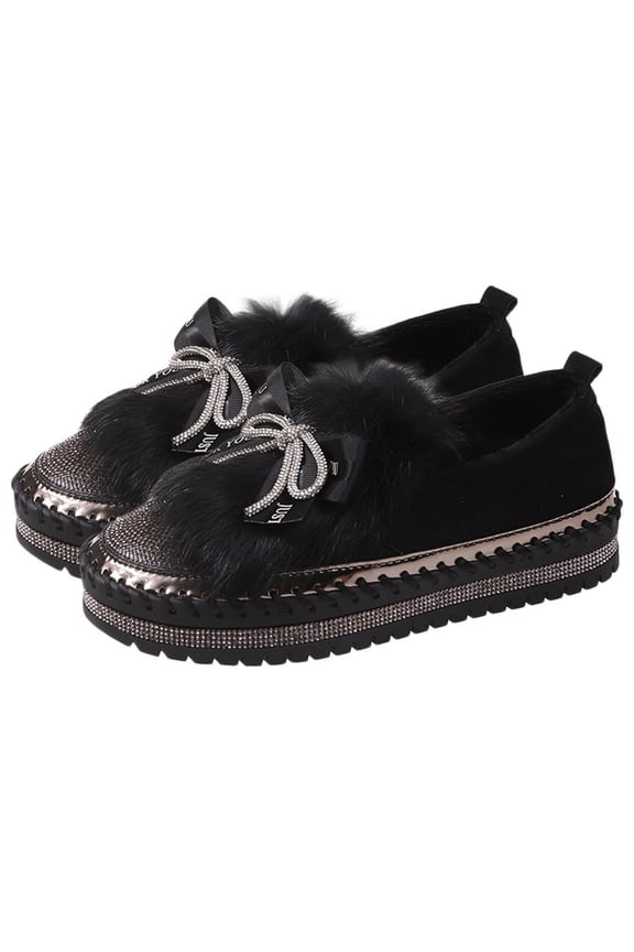 2024 Moccasin Slippers Ladies Casual Shoes Dressy Low Shoes Muffin Bottom Set Foot Fleece Single Shoes Thick Bottom Non-Slip Sports Leisure Black