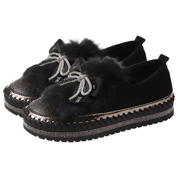 Lovskoo 2024 Moccasin Slippers Ladies Casual Shoes Dressy Low Shoes Muffin Bottom Set Foot Plush Single Shoes Thick Bottom Non-Slip Sports Leisure Black