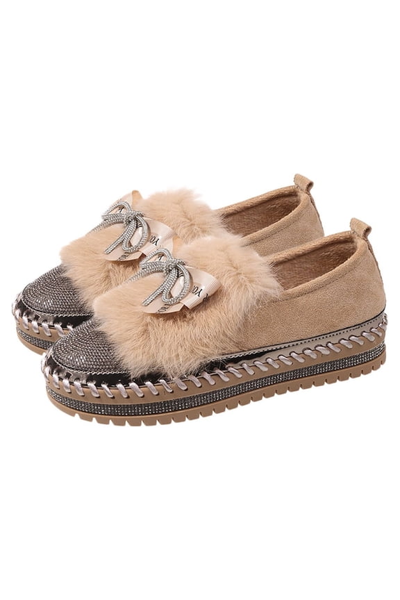 Moccasin Slippers Ladies Casual Shoes Dressy Low Shoes Muffin Bottom Set Foot Plush Single Shoes Thick Bottom Non-Slip Sports Leisure Khaki