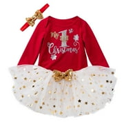Zwiiyzr 2024 My First Christmas Clothes Baby Girls Letter Printed Romper Top+ Plaid Tutu Skirt+ Headband 3Pcs Outfit Set Red