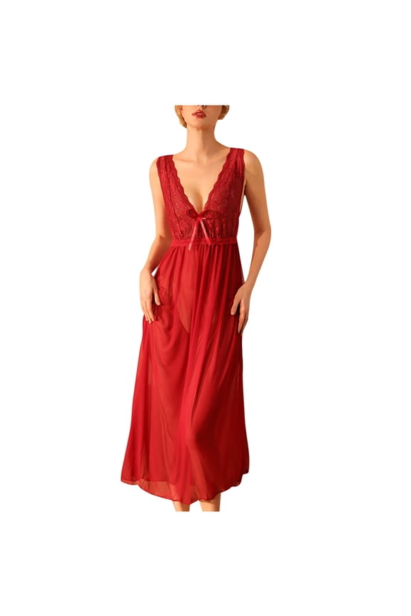 2024 Nightgowns for Women Soft Lace Chemise Mesh Long Deep V See-Through Sleeping Dress Long Sleepshirts Valentine's Day Gift Sleepwear Wine