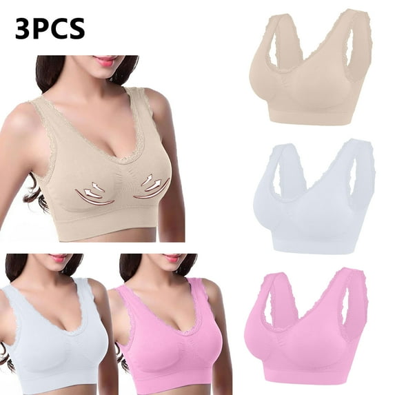 Lovskoo 3Pc Women's Sports Bra Lace Cami Bra Wireless Tank Top Bra Comfortable Everyday Bras For Women Leisure Pink