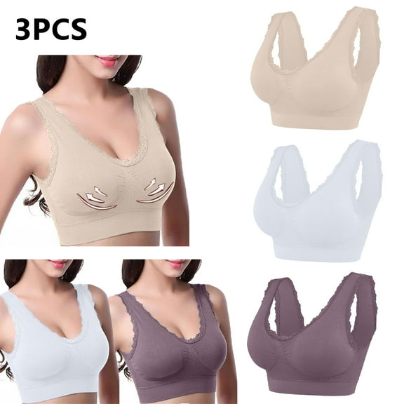 Lovskoo 3Pc Women's Sports Bra Lace Cami Bra Wireless Tank Top Bra Comfortable Everyday Bras For Women Leisure Gray