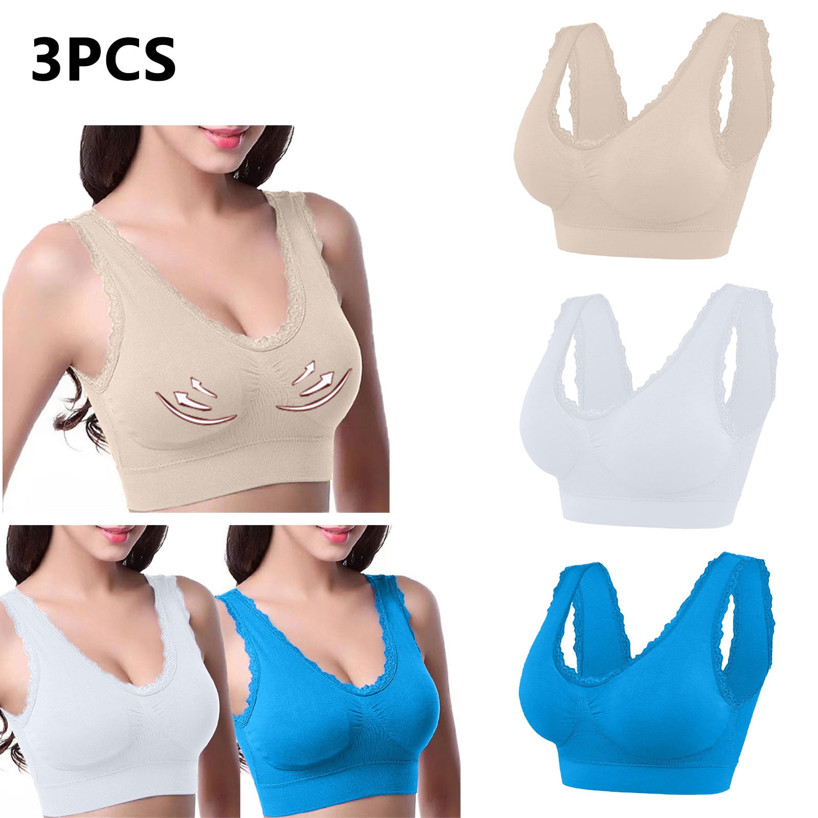 Lovskoo 3Pc Women's Sports Bra Lace Cami Bra Wireless Tank Top Bra ...