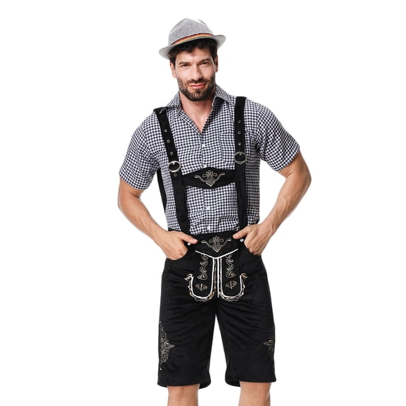 Lovskoo Oktoberfest Costume Men Three Piece Set Slim Long Sleeve Lapel Neck Shirt Overalls Hat Dance Platform Outfits Performance Suit Dress Up Party and Beer Festival Black