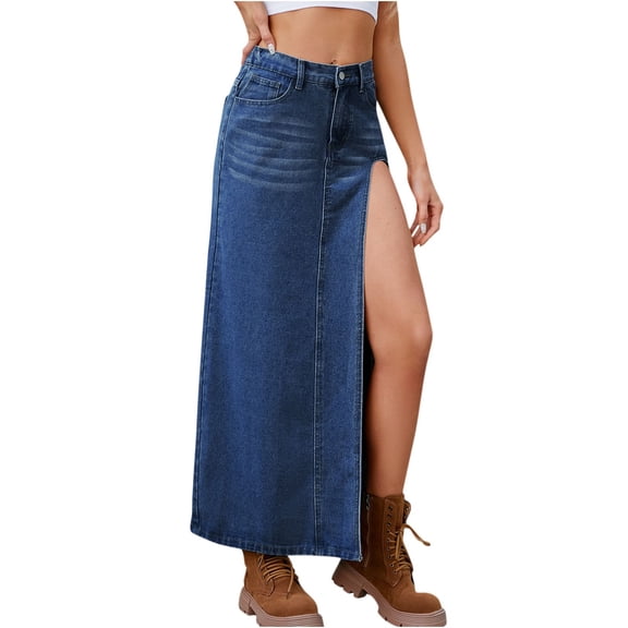 Lovskoo Omen's Denim Skirt High Side Split Thigh High Waist A Line Casual Maxi Jean Skirt with Pockets Dark Blue XL