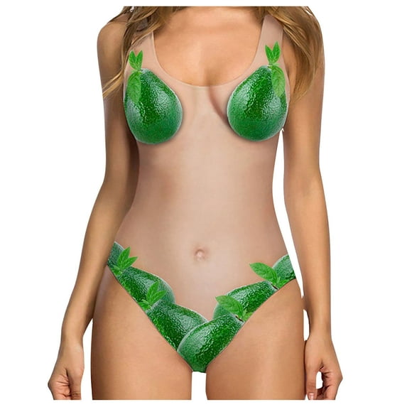 Lovskoo 2024 One Piece Swimsuit for Women Novelty Chest Print Bathing Suit Swim Beachwear Graphic Swimwear Green L