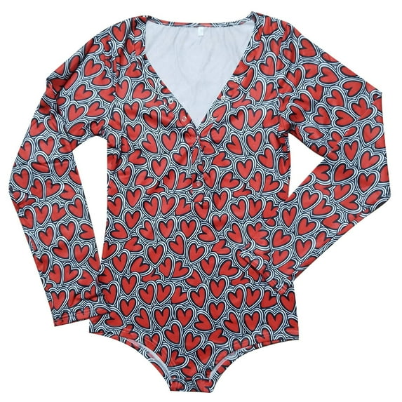 Lovskoo 2024 Onesie Pajamas for Women One Piece Valentine'S Day Print V Neck Long Sleeve Bodysuit Sleepwear Pajamas Rompers Overall Sleepwear Red