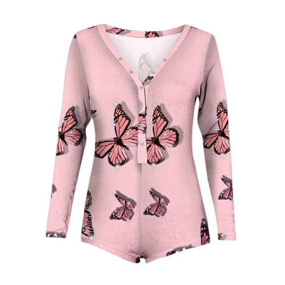 Lovskoo Onesie Pajamas for Women One Piece Valentine'S Day Print V Neck Long Sleeve Bodysuit Sleepwear Pajamas Rompers Overall Sleepwear Pink