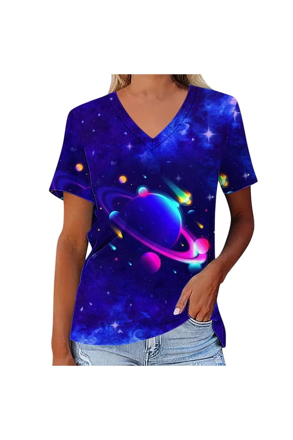 2024 Outer Space T Shirts for Women Graphic Printed Galaxy Solar System Planets Nebula Shirt Short Sleeve V Neck Blouse Blue 2XL
