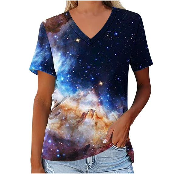 Lovskoo 2024 Outer Space T Shirts for Women Graphic Printed Galaxy Solar System Planets Nebula Shirt Short Sleeve V Neck Blouse Blue S