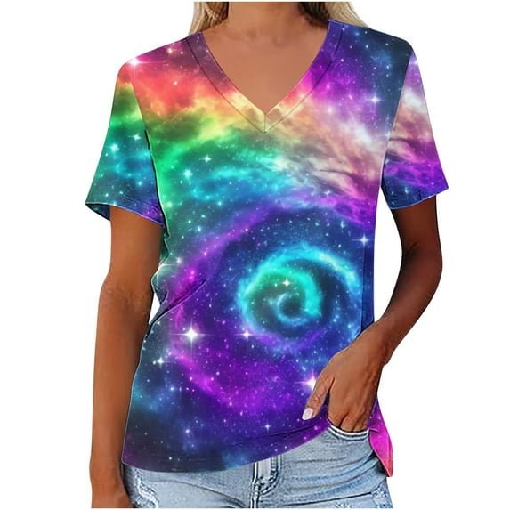 Lovskoo 2024 Outer Space T Shirts for Women Printed Galaxy Solar System Planets Nebula Shirt Short Sleeve V Neck Blouse Purple 3XL