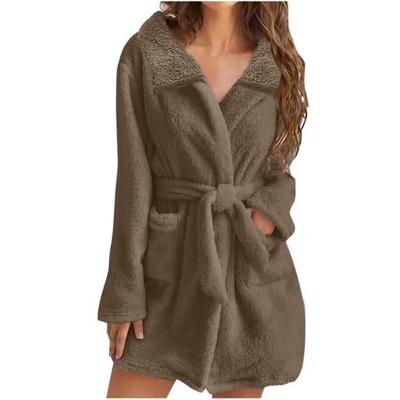 Lovskoo Womens Fleece Robe Warm Soft Solid Color Flannel Bathrobes for Winter Thicker House Coat with Pockets Coffee
