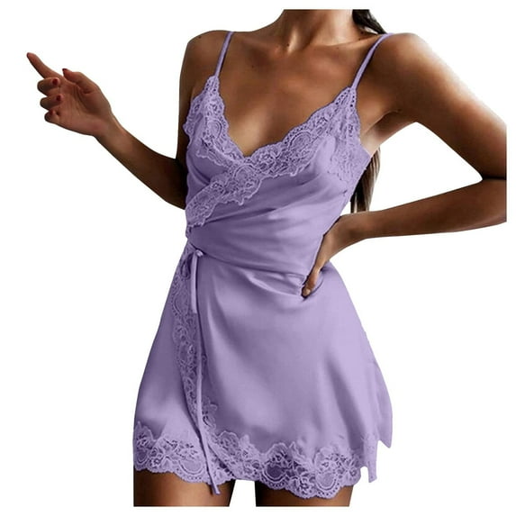 Lovskoo 2024 Pajama Nightgown for Women One Piece Spaghetti Strap Loungewear Lace Sleepwear Sling V Neck Nightie Nightgown Sleepwear Bandage Intebreak Nightdress Sleepwear Purple