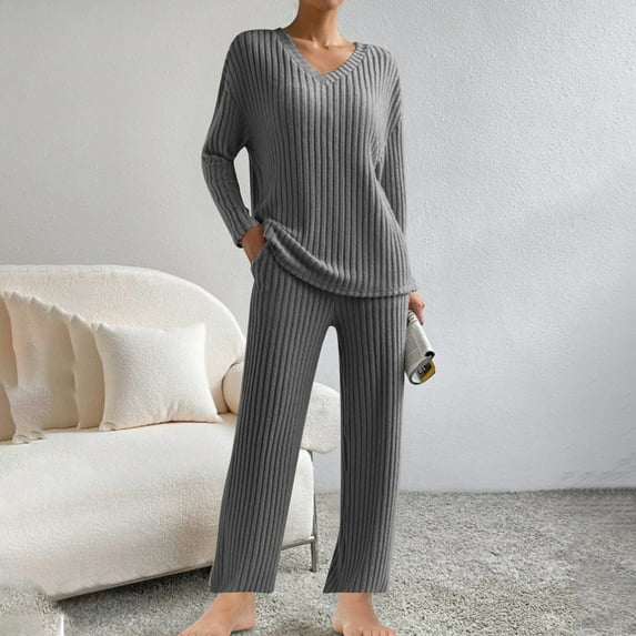 Lovskoo Pajamas for Women Set Ribbed Knit 2 Piece Matching Lounge Sets Long Sleeve Pullover Top and Pants Sleepwear Tracksuit Dark Gray S