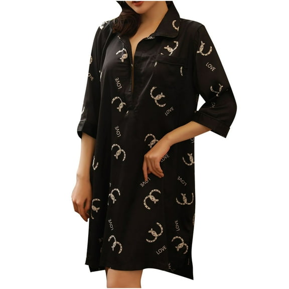 Lovskoo 2024 Pajama Nightgown for Women One Piece Pajamas Night Gown Loose Body Nightdress Sleepwear Chiffon Printing Sleepwear Black